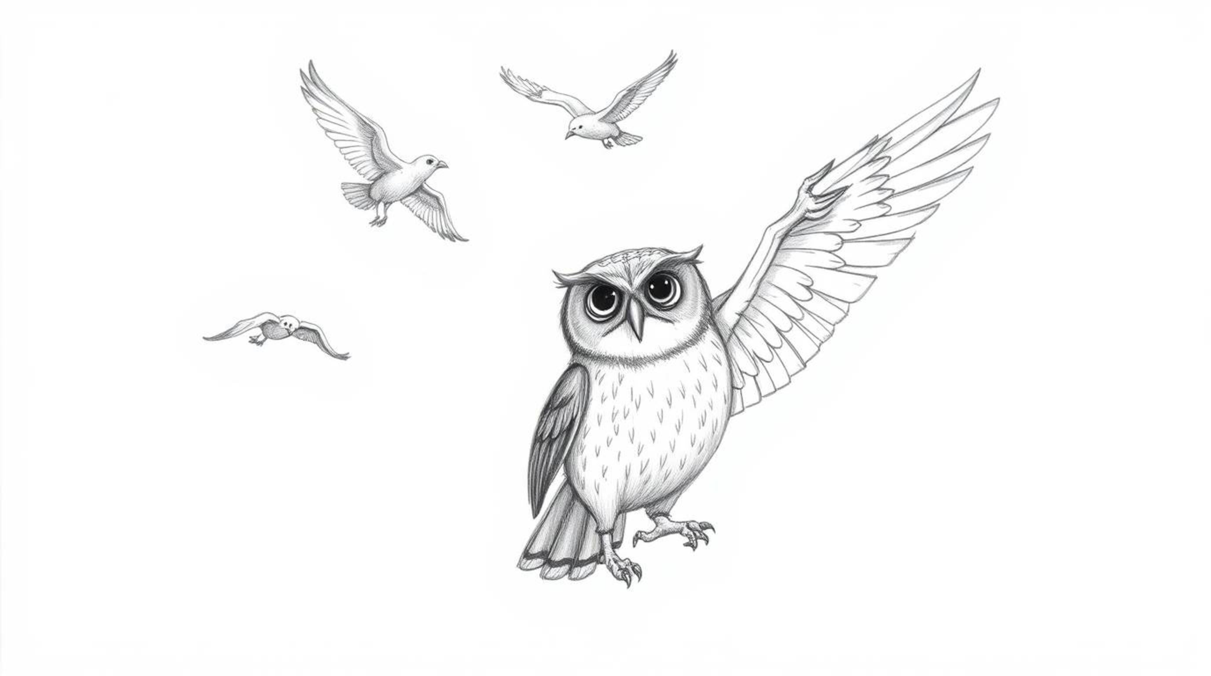 A captivating hand-drawn pencil sketch in a Pixar-esque style depicts a blind owl with subtly textured feathers guiding a gro