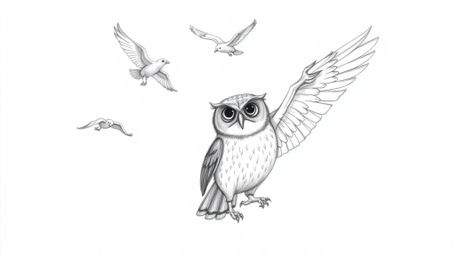A captivating hand-drawn pencil sketch in a Pixar-esque style depicts a blind owl with subtly textured feathers guiding a gro