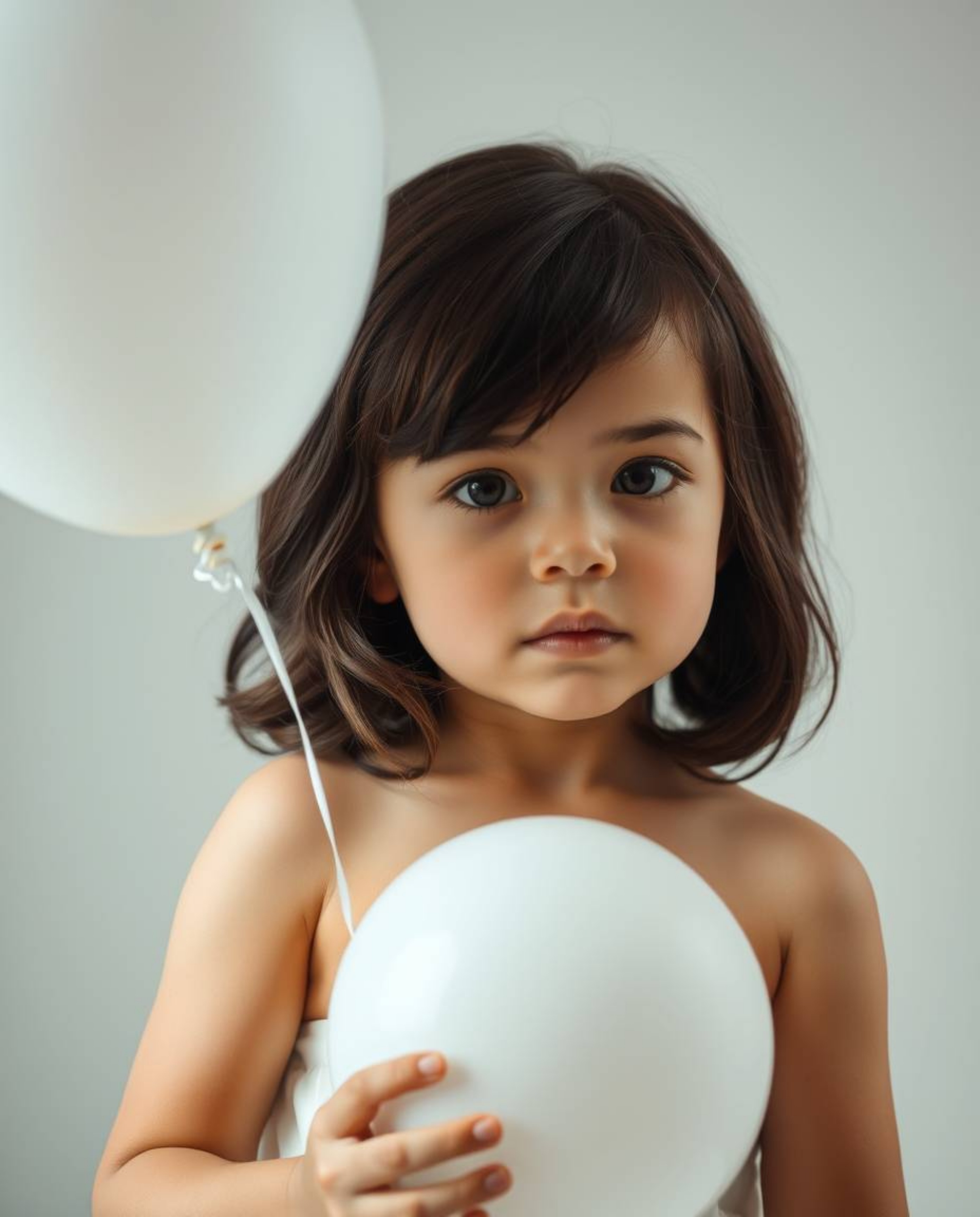 A captivating image of a child with elegant features and dark hair gracefully holding a white balloon. The pose is refined an