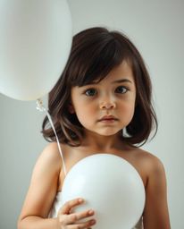 A captivating image of a child with elegant features and dark hair gracefully holding a white balloon. The pose is refined an