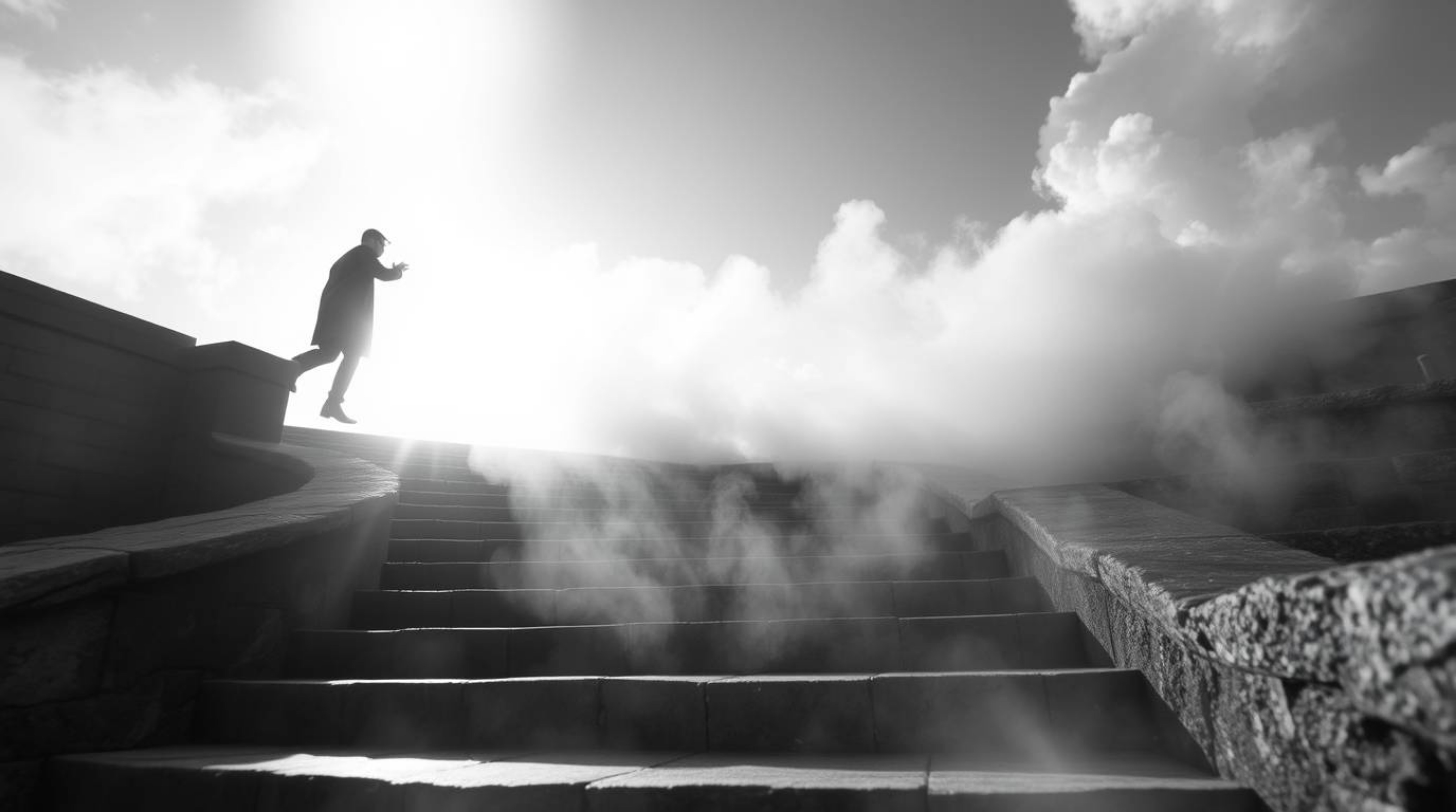 A striking black and white macro photograph capturing a lone figure ascending a stone staircase into a radiant beam of divine