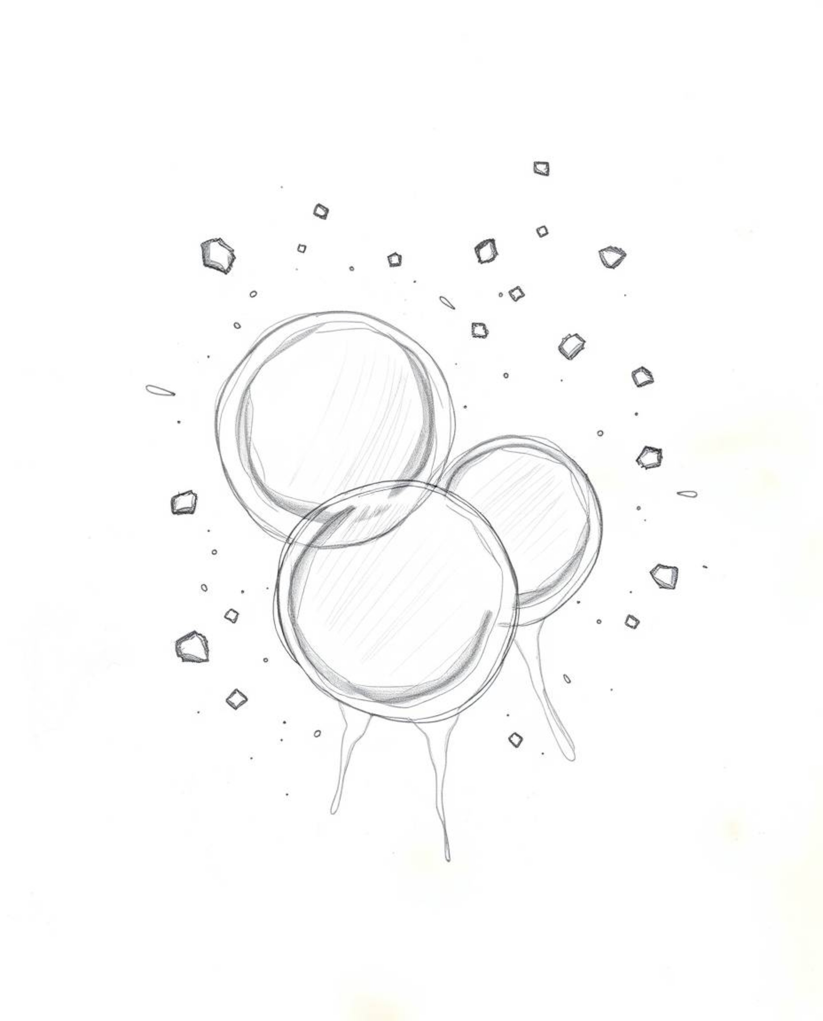 This captivating hand-drawn sketch features dynamic glassy fluid 3D shapes in perpetual motion, brought to life with pencil s