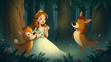 A princess serenades forest creatures in a charming vintage 2D animation, capturing a soft and dreamy atmosphere. The scene i