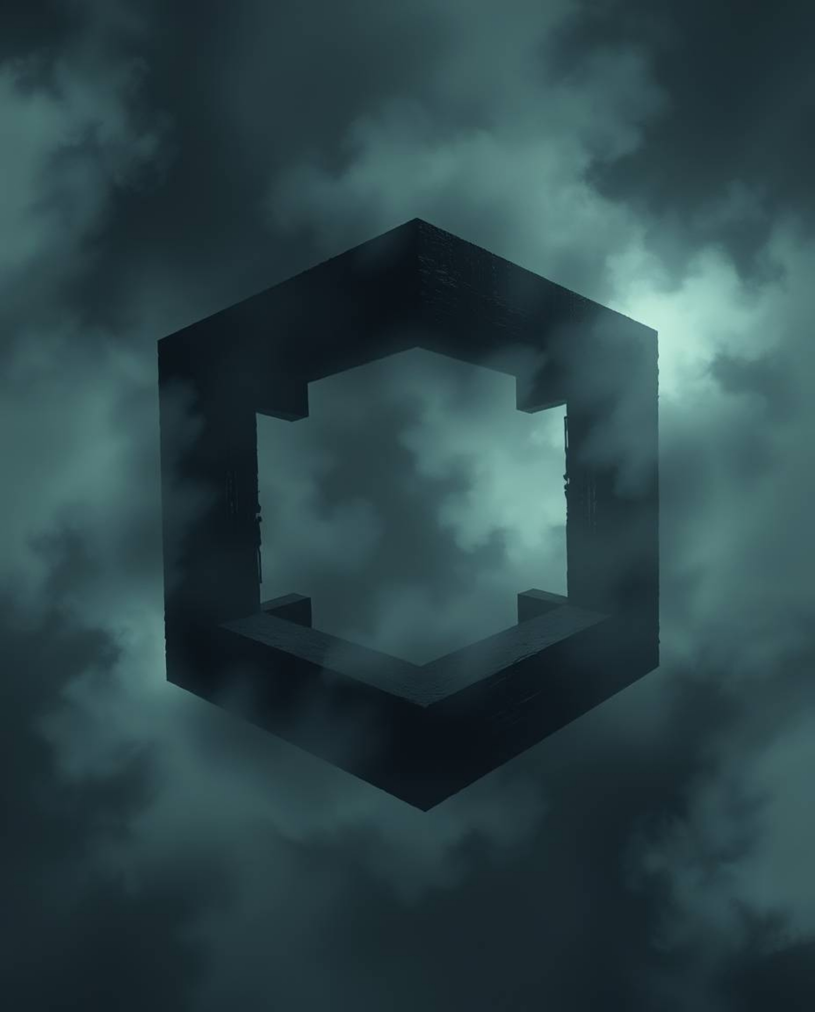 A chilling digital painting showcases a repetitive Escher-style impossible geometry cube pattern, shrouded in a thick fog.  T