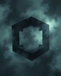 A chilling digital painting showcases a repetitive Escher-style impossible geometry cube pattern, shrouded in a thick fog.  T