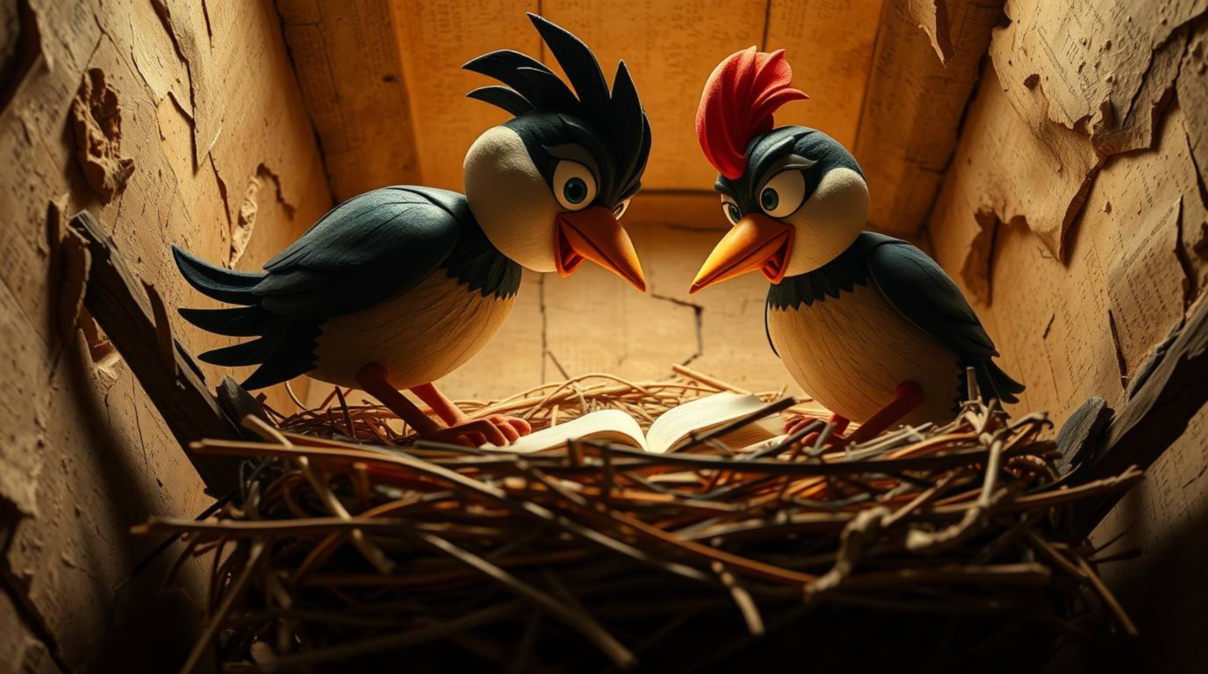 This artwork presents a captivating high-angle perspective of two cartoon birds diligently constructing a nest. Rendered in a