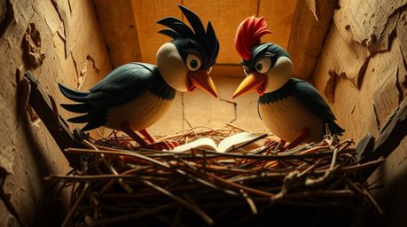 This artwork presents a captivating high-angle perspective of two cartoon birds diligently constructing a nest. Rendered in a