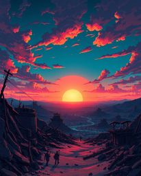 A captivating Isekai-style anime illustration showcases a vibrant sunrise over a war-torn landscape.  The expressive composit