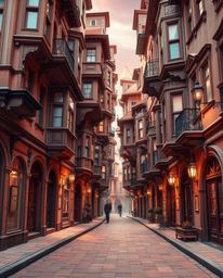 Immerse yourself in a captivating surreal street scene where buildings gracefully fold and twist, bathed in warm colors and a