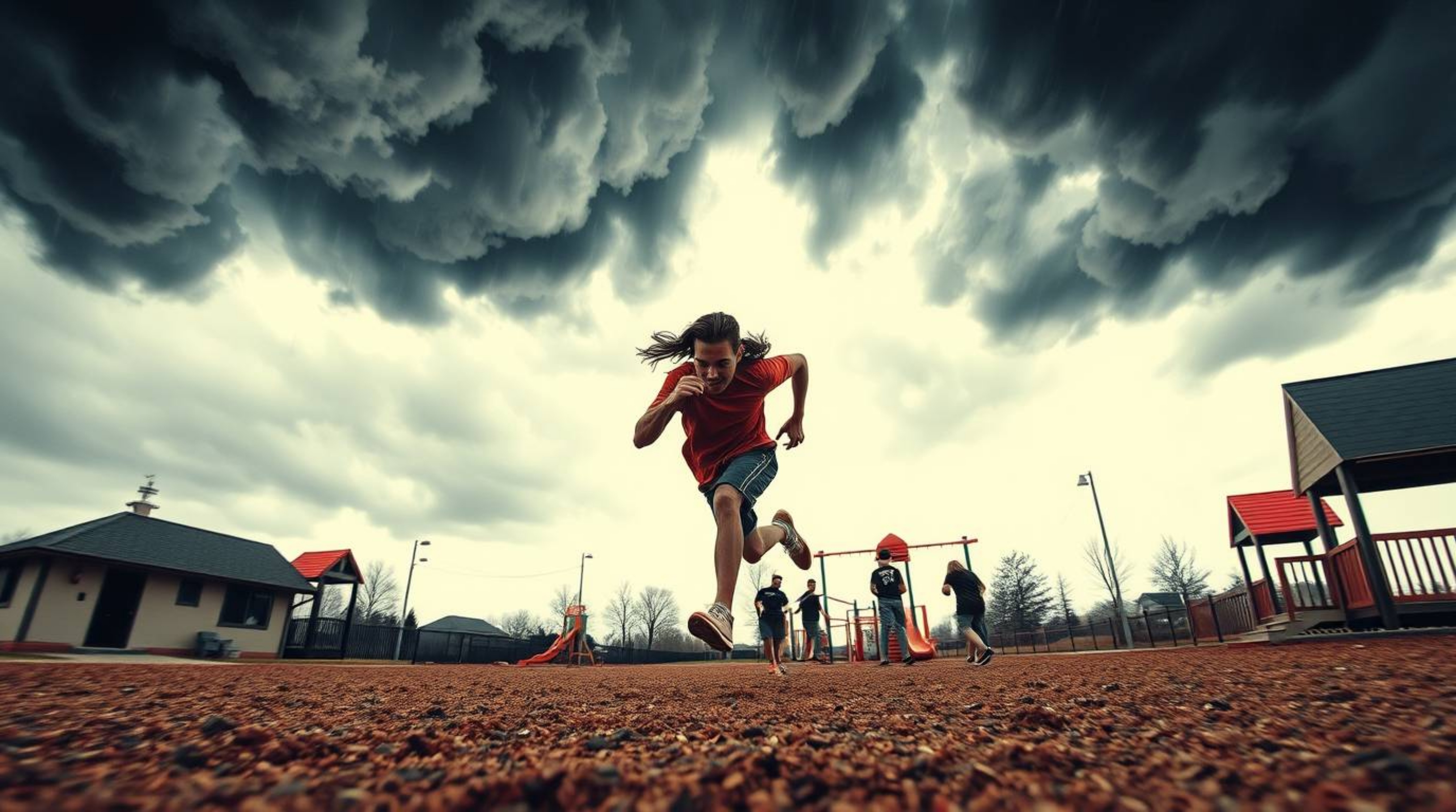 A vibrant and dramatic tattoo-style art print depicts a slow-motion run through a playground.  The scene is rendered in a moo