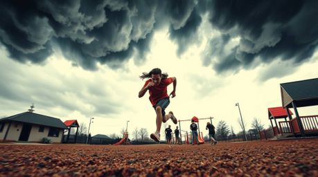 A vibrant and dramatic tattoo-style art print depicts a slow-motion run through a playground.  The scene is rendered in a moo