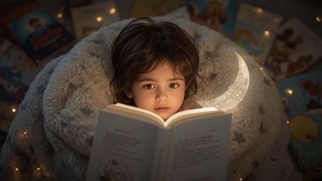 Step into a world of bedtime magic with this warmly lit, cinematic photograph, captured in a soft, filmic style reminiscent o