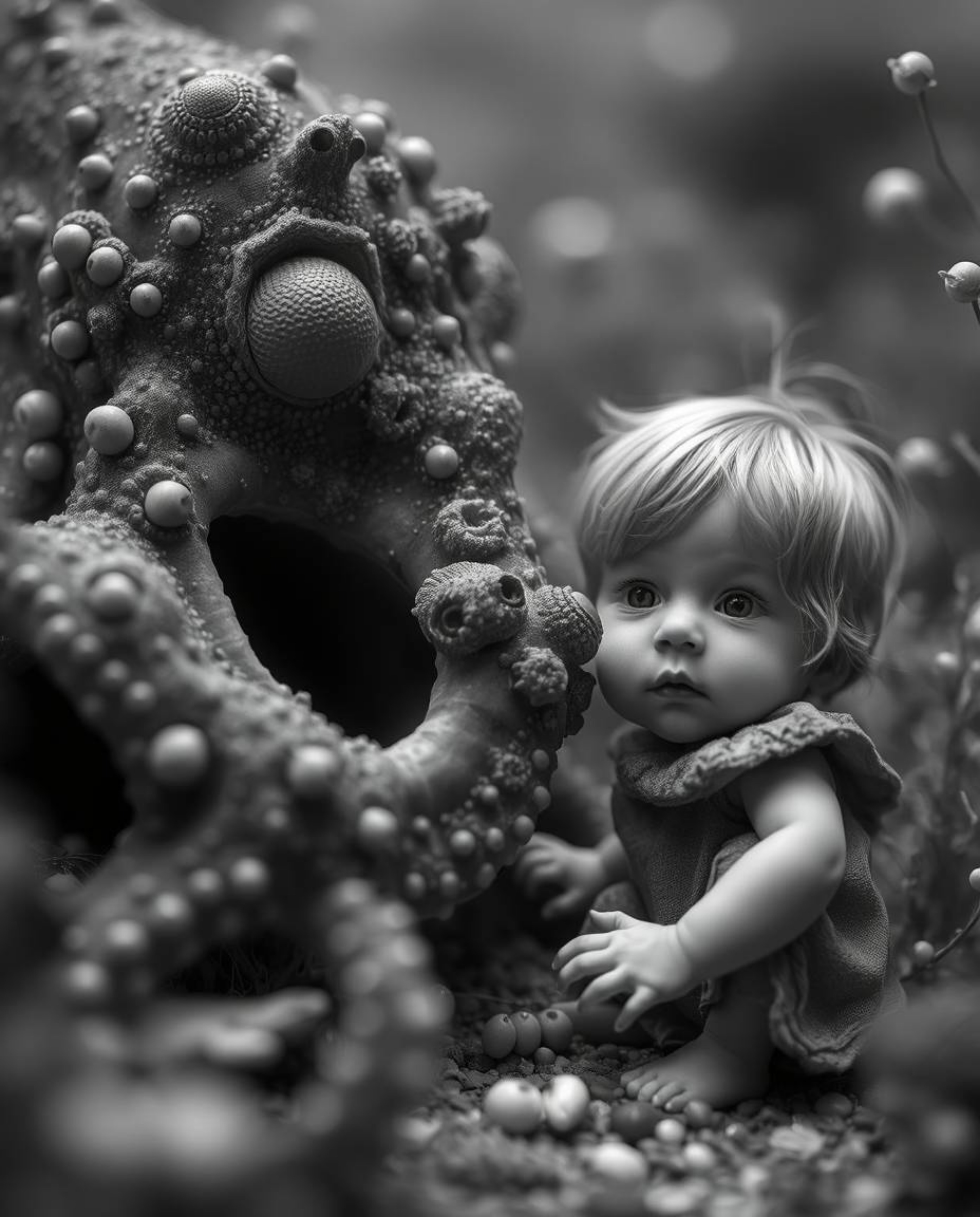 A captivating black and white extreme macro close-up photograph depicting a dreamlike and surreal scene. The image focuses on