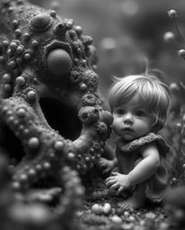 A captivating black and white extreme macro close-up photograph depicting a dreamlike and surreal scene. The image focuses on