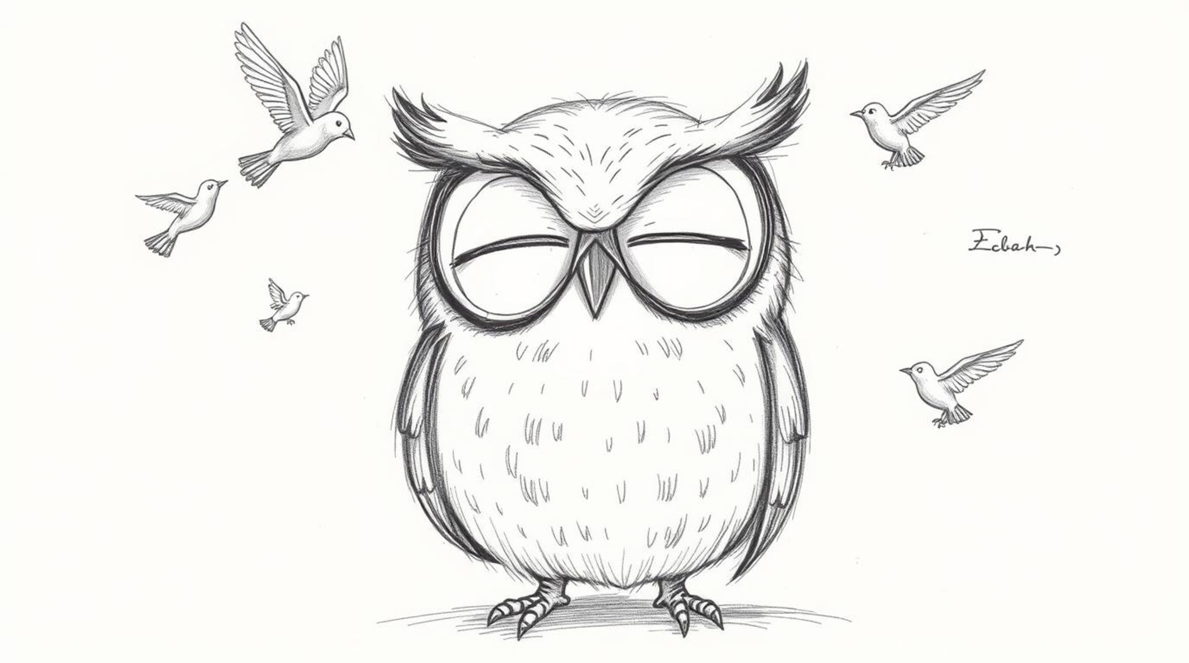 This image depicts a heartwarming scene of a blind owl rendered in a textured, hand-drawn pencil sketch reminiscent of Pixar 