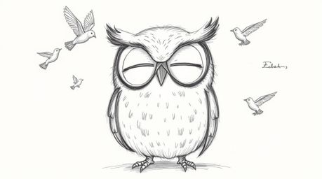 This image depicts a heartwarming scene of a blind owl rendered in a textured, hand-drawn pencil sketch reminiscent of Pixar 
