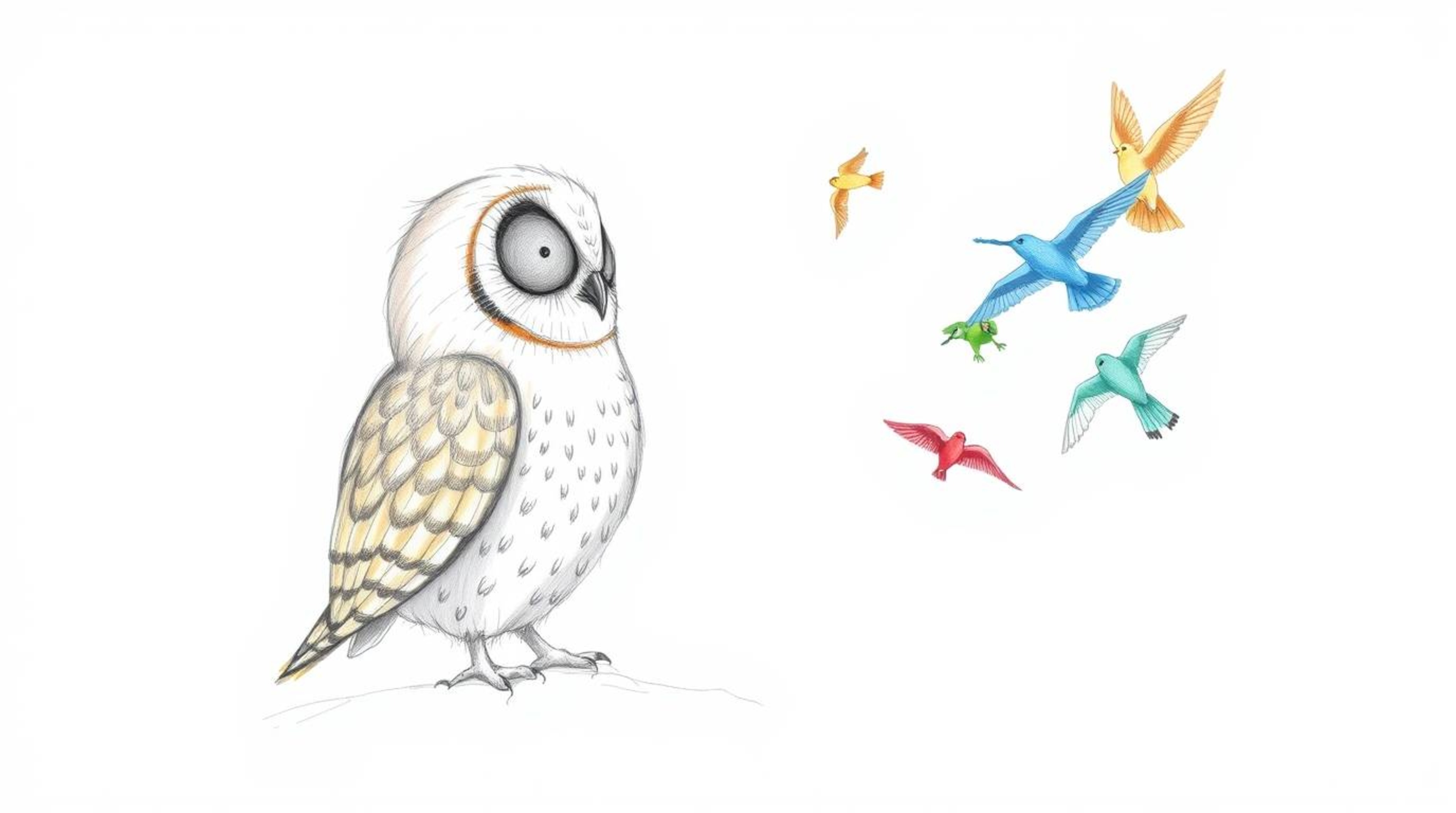 A hand-drawn sketch reminiscent of Pixar, depicts a blind owl with intricate feather details achieved through textured pencil