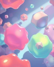 Immerse yourself in a captivating Isekai anime-style illustration featuring floating 3D blobs of fluid jelly. The artwork sho