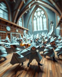 Discover a dynamic and magical school filled with young wizards, intricately depicted in an origami style.  Experience the vi