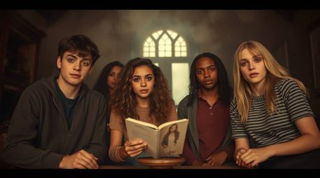 A group of diverse teenagers unravels mysteries within a rustic, haunted mansion.  Soft cinematic haze and natural earth tone