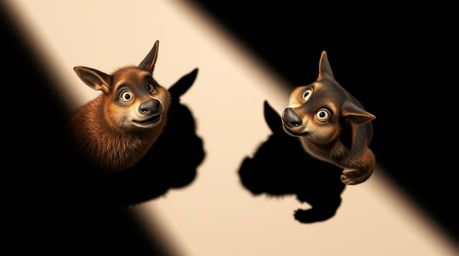 A captivating image showcasing a mischievous duo of talking animals.  The high-angle perspective and dramatic, high-contrast,