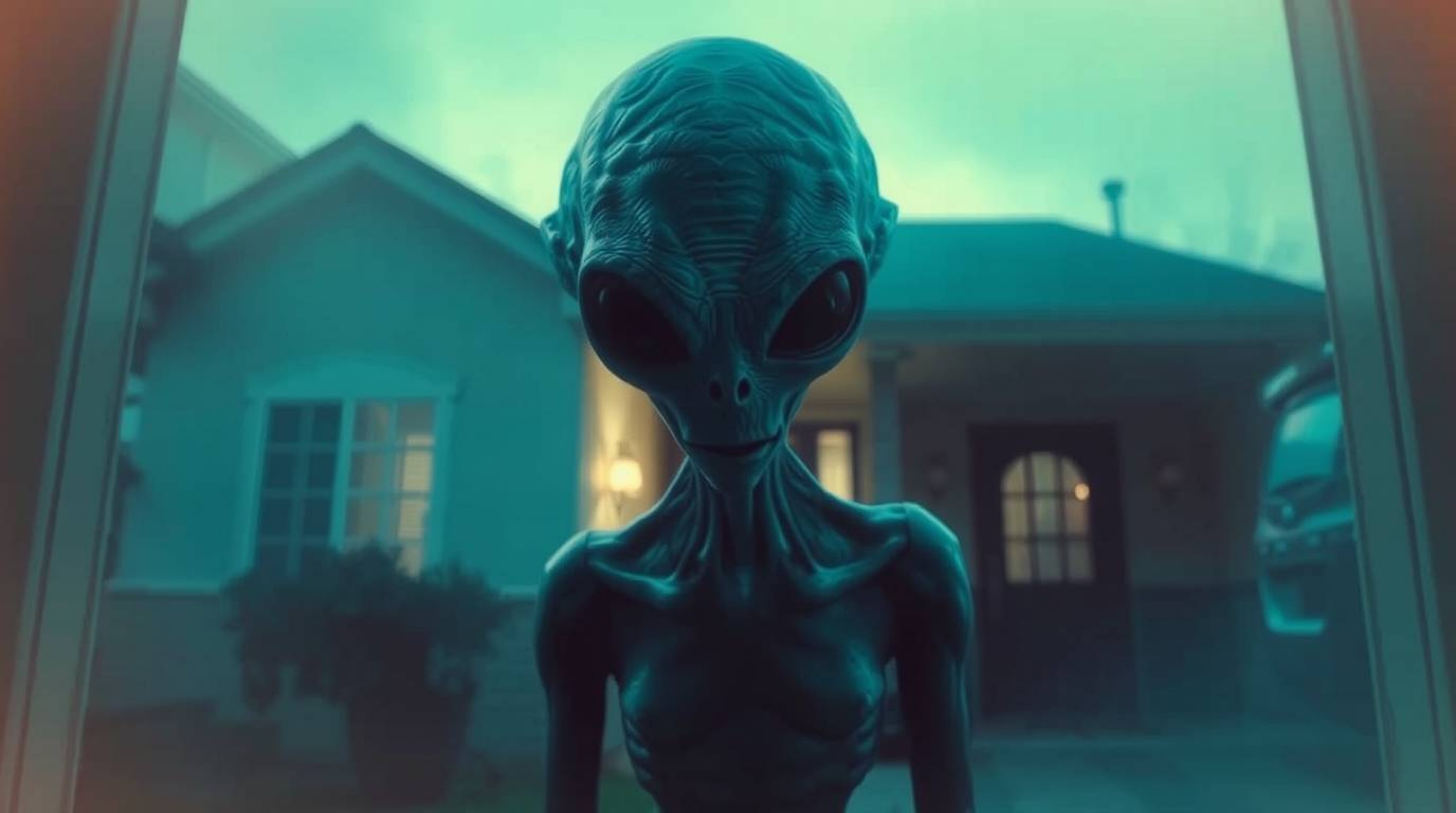 Explore a dramatic, cinematic-style image of an alien residing in a suburban house, bathed in a mystic and enchanting environ