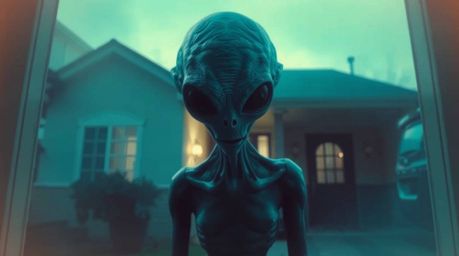 Explore a dramatic, cinematic-style image of an alien residing in a suburban house, bathed in a mystic and enchanting environ