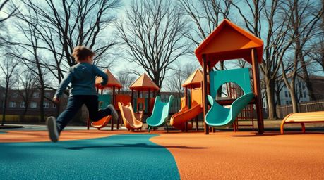 Experience a dramatic slow-motion run through a playground, meticulously crafted in an intricate origami style.  This visuall