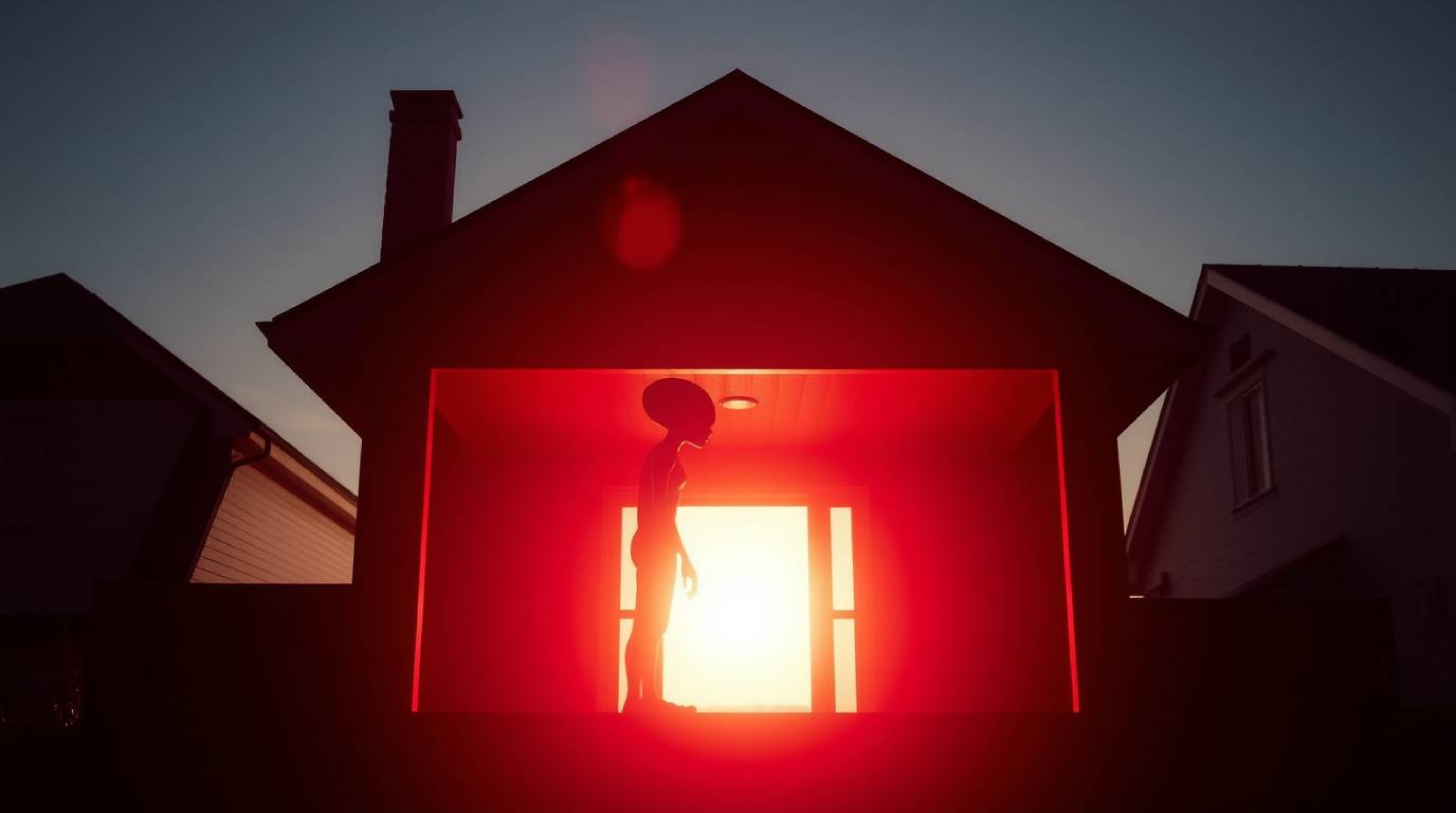 This striking architectural photograph captures the silhouette of an alien in a suburban house, dramatically backlit to highl