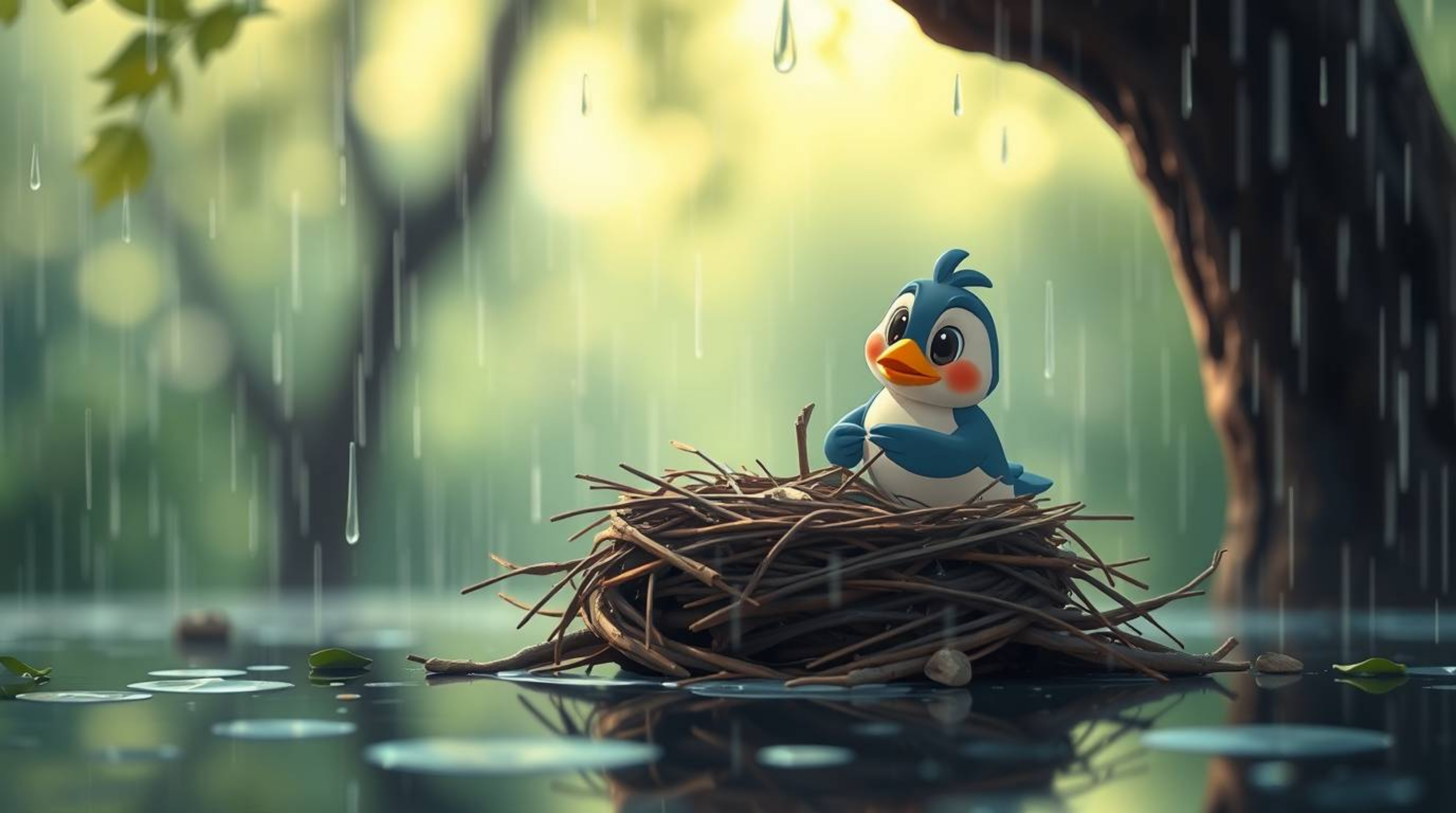 A charming animation showcases two cartoon birds diligently constructing their nest during a gentle rain shower.  The classic