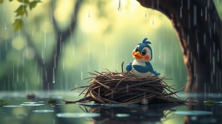 A charming animation showcases two cartoon birds diligently constructing their nest during a gentle rain shower. The classic