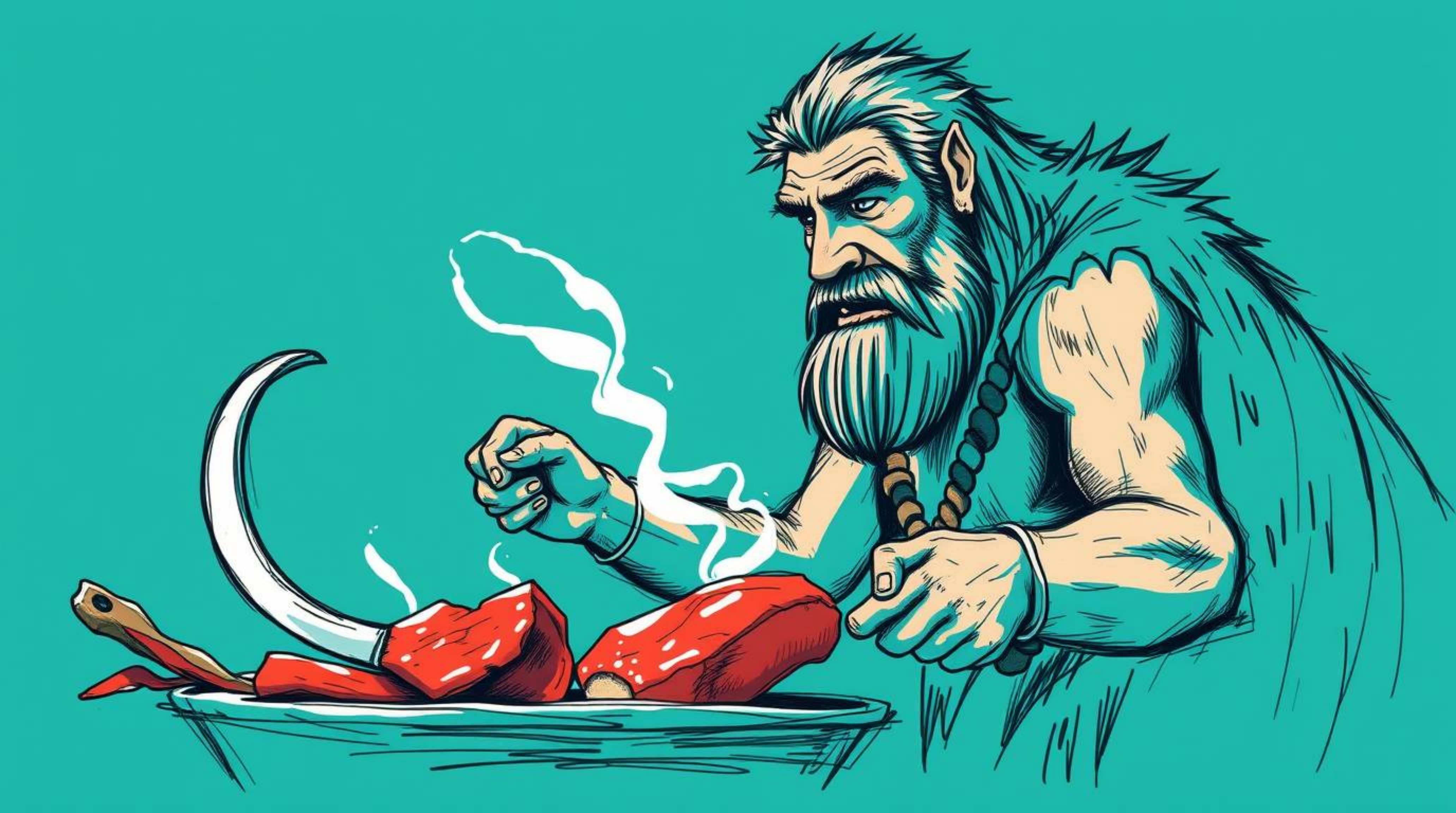 This captivating hand-drawn sketch in rich deep teal showcases a caveman with strong features diligently cooking mammoth meat