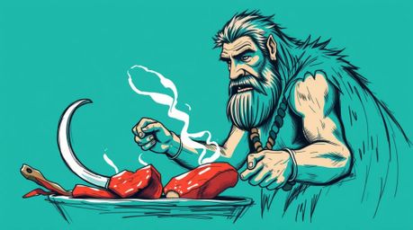 This captivating hand-drawn sketch in rich deep teal showcases a caveman with strong features diligently cooking mammoth meat