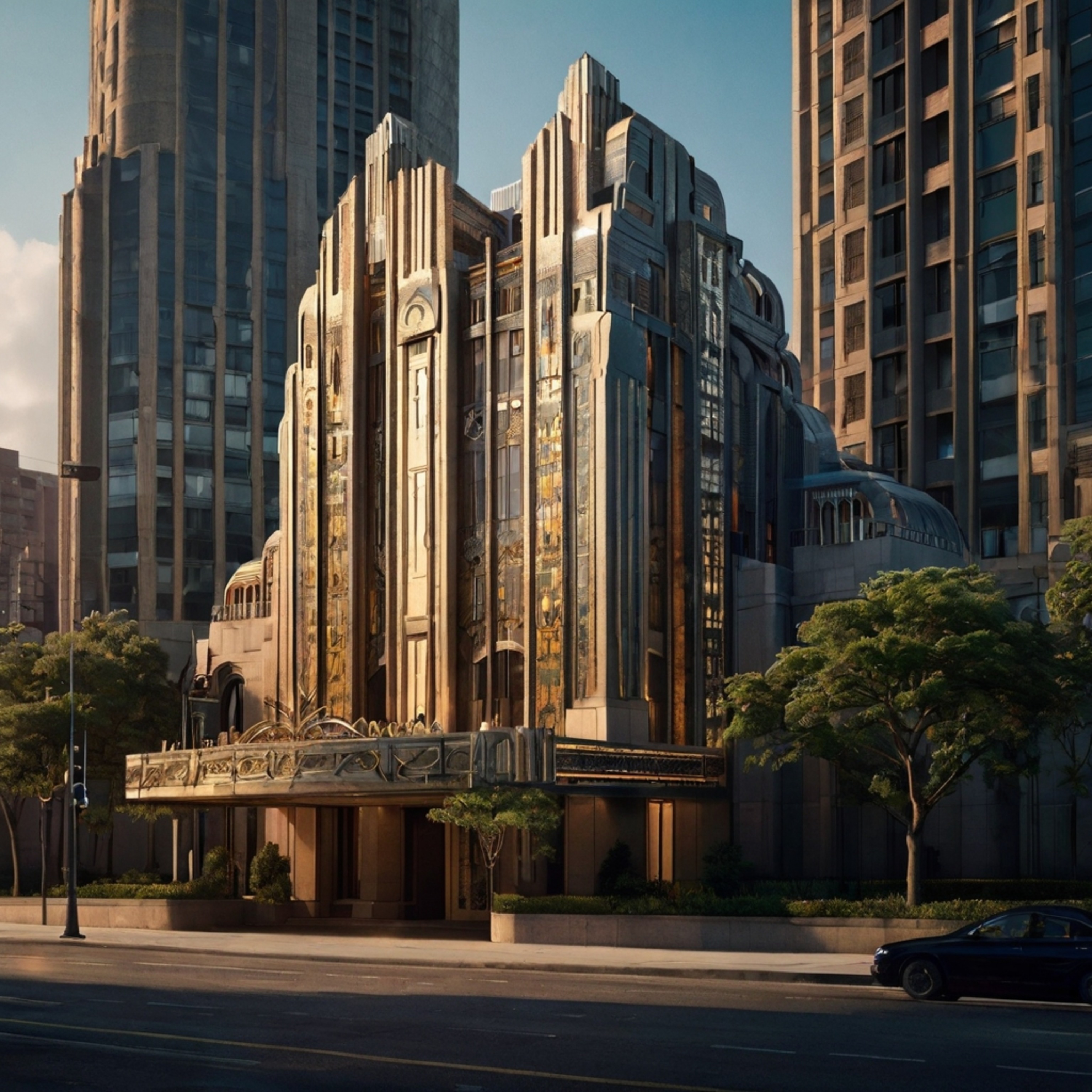 This elegant Art Deco skyscraper features intricate geometric patterns and a grand entrance, standing prominently against the