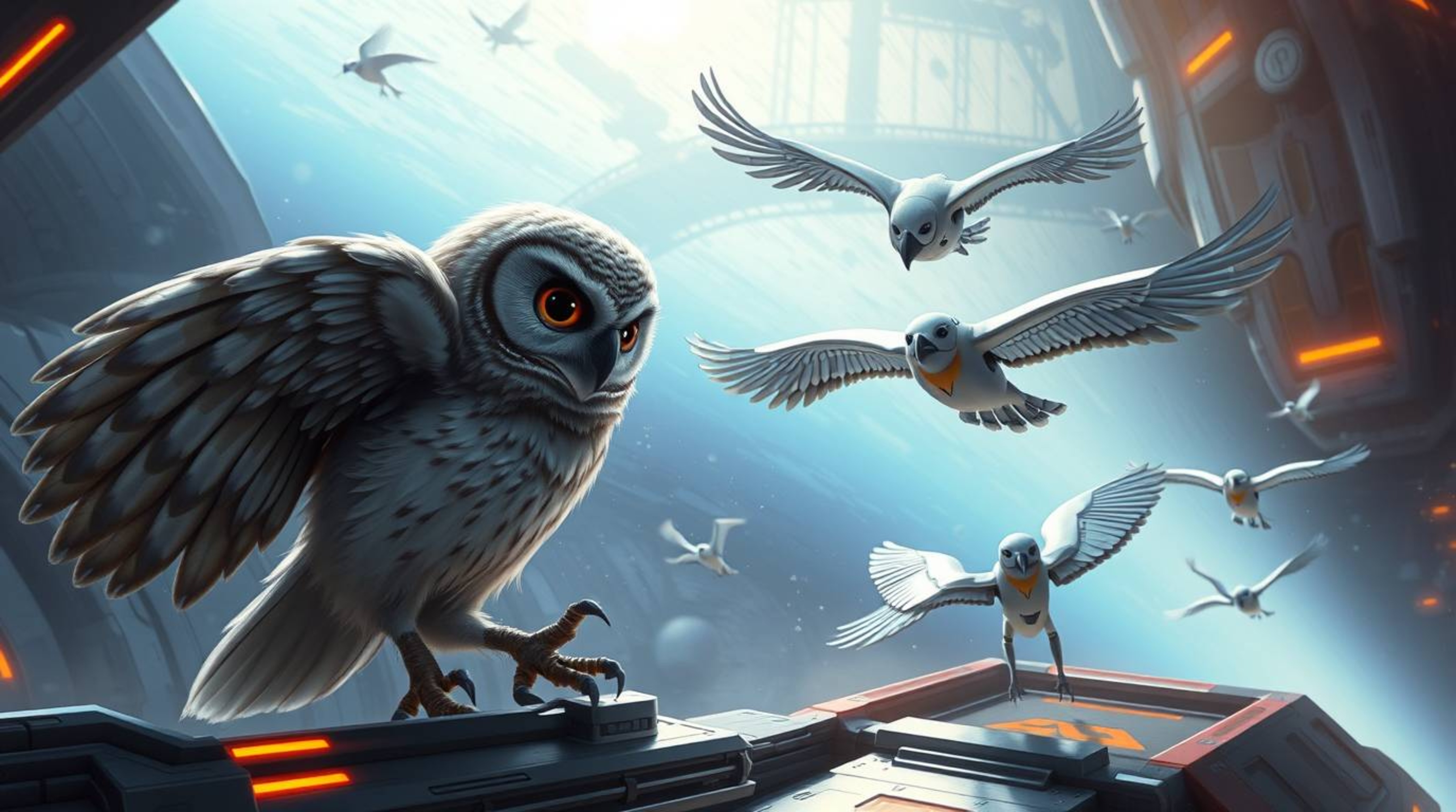 A futuristic sci-fi digital painting in the Pixar style showcases a blind owl with sleek, metallic feathers mentoring robot b