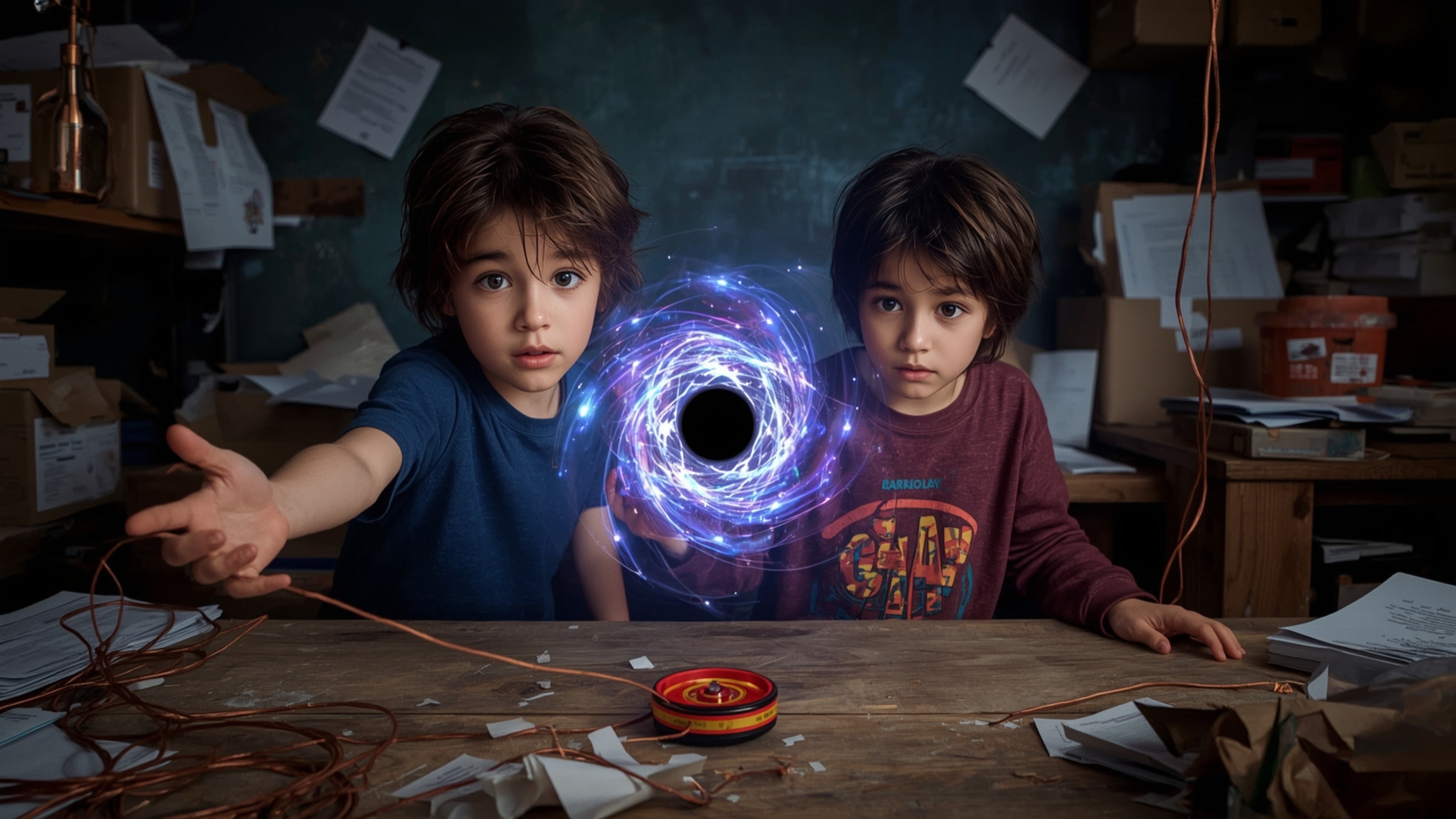 In a vibrant, high-contrast, cinematic photograph with a whimsical, Pixar-inspired atmosphere, two enthusiastic science fair 