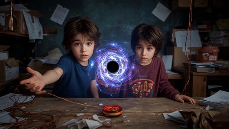 In a vibrant, high-contrast, cinematic photograph with a whimsical, Pixar-inspired atmosphere, two enthusiastic science fair 