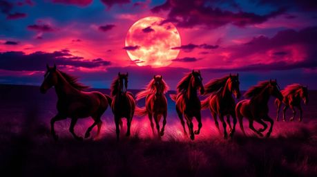 A captivating creative light art piece showcasing a herd of wild horses dynamically running under a mesmerizing, glowing sky.