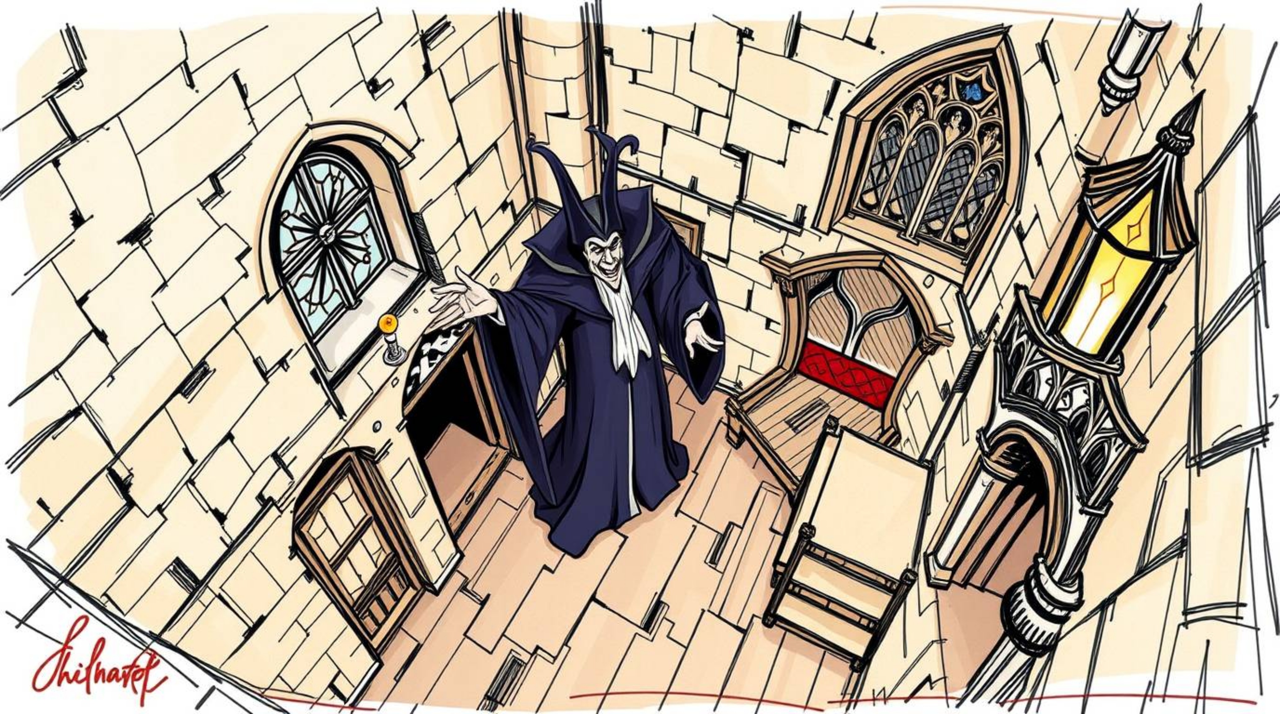 This hand-drawn, high-angle color sketchnote depicts a classic Disney villain casting a spell within the walls of an old cast