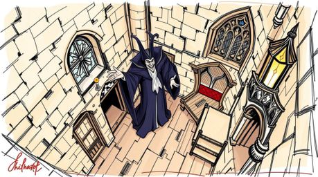 This hand-drawn, high-angle color sketchnote depicts a classic Disney villain casting a spell within the walls of an old cast