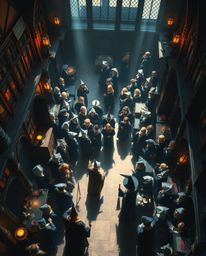 An overhead shot depicts a vibrant magical school teeming with young wizards, rendered in a dramatic chiaroscuro style. Deep
