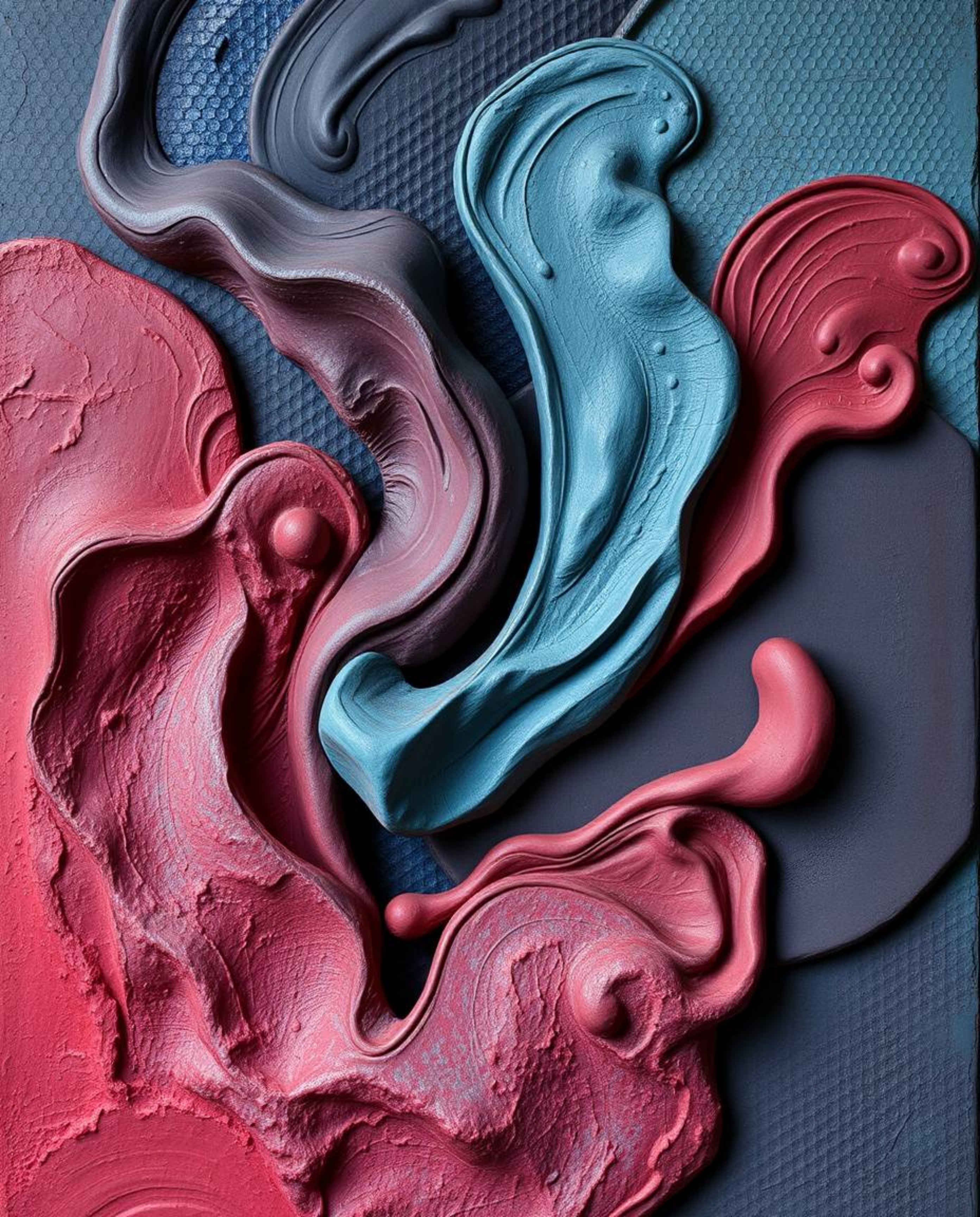 Explore stunning sculptural clay art featuring a rich burgundy and deep blue palette. This abstract composition showcases col