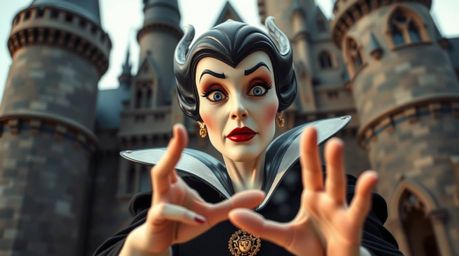 A captivating image of a classic Disney villain, fair-skinned and strikingly featured, casting a spell within a meticulously