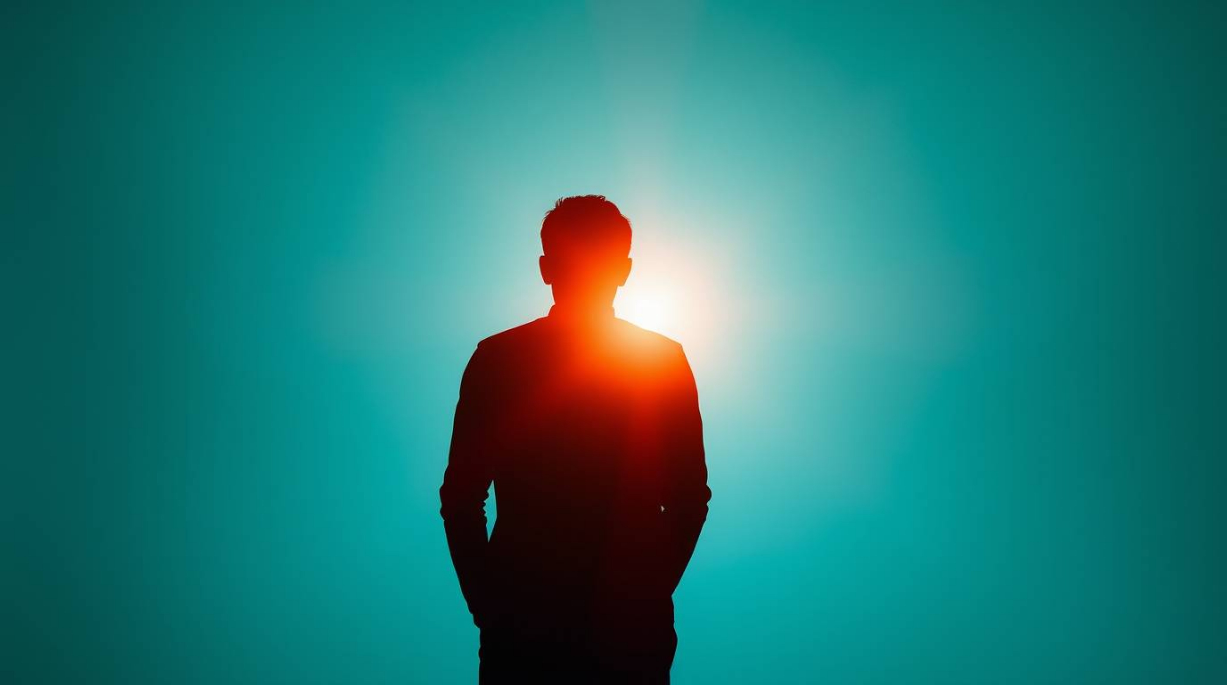 A captivating image featuring a silhouetted figure set against a deep teal abstract gradient background. The artwork incorpor