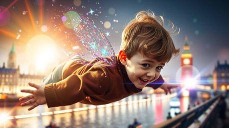 Experience a magical London scene where a young boy soars above the cityscape, trailed by shimmering, iridescent pixie dust. 