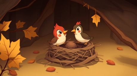 A high-resolution stock photo featuring two charming cartoon birds diligently building their nest.  Rendered in a classic ani