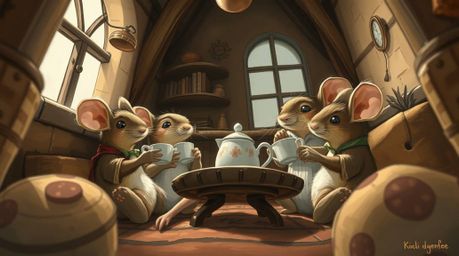 A charming illustration depicts anthropomorphic mice enjoying a tea party in a cozy cottage.  Rendered in natural earth tones