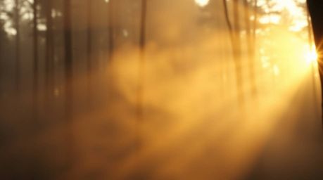 Experience the ethereal beauty of a forest at golden hour, captured in a tight close-up shot. Volumetric lighting illuminates