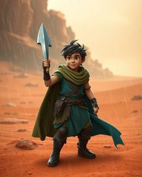 Embark on a captivating desert adventure with a brave hero in a Disney-esque style, bathed in the warm hues of terracotta and