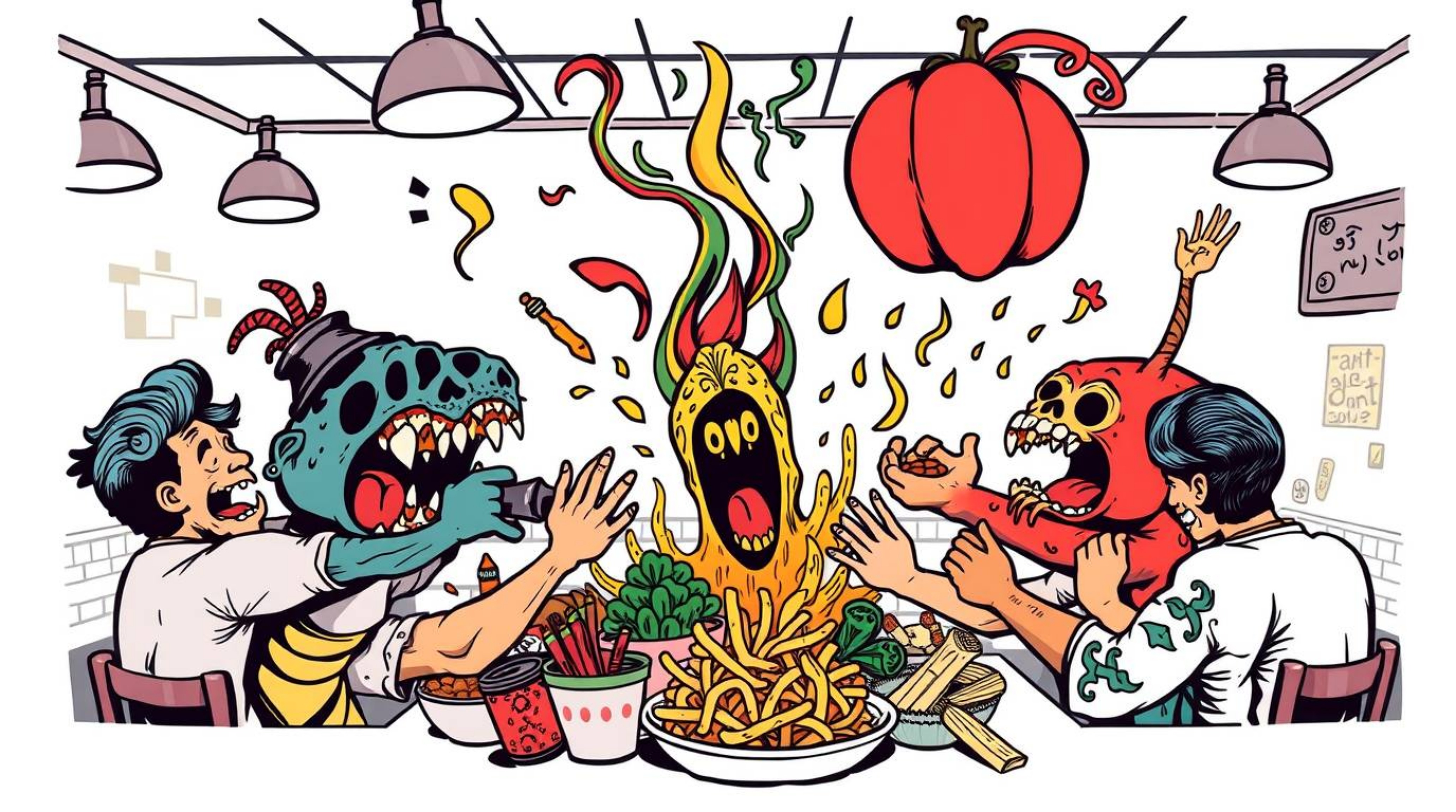 This vibrant tattoo art print depicts a chaotic and fun wild food fight in a cartoon cafeteria.  Rendered in a retro style wi